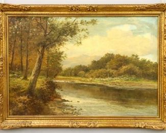 Lot 31: Daniel Sherrin, British, 1868-1940.  A turn of the century oil on canvas landscape.  Depicts figures walking along a river beside woods with mountains in the distance.  Signed "D. Sherrin" lower right, annotated "Welsh River" verso.  Some surface grunge.  Image 35 1/2 x 23 1/2" high, in an early 20th century frame, 41 1/4 x 29 1/2" high overall.  ESTIMATE $800-1,200