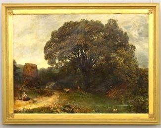 Lot 37: A 19th century British oil on canvas rural landscape.  Depicts a small mill with figures beneath an ancient Oak tree alongside a small stream.  Unsigned, some craquelure and minor flaking to paint, significant surface grunge, taped repair upper center.  Image 53 3/4 x 39 3/4" high, in a 19th century Gesso frame with slight damage, 62 1/4 x 48 1/2" high overall.  ESTIMATE $800-1,200