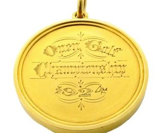 Lot 40: A 1924 18k Gold British Open Championship Medal.  This is a second non-presented medal for the 1924 Championship that was won by Walter Hagen on June 27th at the Royal Liverpool Golf Club in Hoylake, England.  Front inscribed "Open Golf Championship 1924" and "Winner _____  June" verso with Walker & Hall touchmark, Sheffield (Tudor Rose), 18 and "f" for 1924.  The medal presented to Hagen has his name and score engraved under the "Winner" banner verso.  61.8 grams total weight.  Minor surface wear.  Approximately 1 3/4" diameter.  ESTIMATE $4,000-6,000 