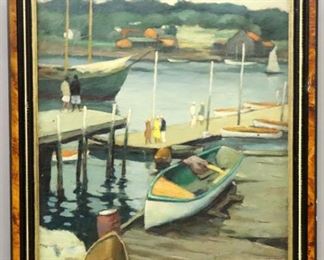 Lot 39: Tunis Ponsen, Dutch/American, 1891-1968.  A 20th century oil on canvas depicting a summer harbor scene, titled "After the Rain, Boothbay Harbor".  Signed "Tunis Ponsen" lower right, titled and annotated verso.  Some surface grunge, craquelure and paint loss, a shallow 3 3/4" scratch upper left.  Image 23 1/2 x 29 1/2" high, in a 20th century frame with wear and minor damage, 28 3/4 x 34 3/4" high overall.  ESTIMATE $2,000-3,000