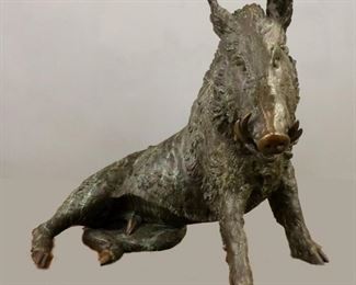 Lot 46: A large 20th century Bronze Boar fountain after the original by Pietro Tacca (Italian, 1577-1640) located at the Mercato Nuovo in Florence, Italy.  Some wear and weathered verdigris patina.  Approximately 65 x 44 x 49" high overall.  ESTIMATE $4,000-6,000  NOTE: Weighs approximately 500 lbs.