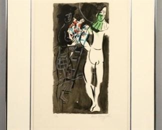 Lot 50: Marc Chagall, Russian/French, 1887-1985.  A mid 20th century lithograph on paper, titled "On the Track".  Signed "Marc Chagall" in pencil lower right with edition number "6/50" lower left, gallery sales tag verso.  Slight wear and rippling, a few very small spots of foxing, not examined out of frame.  Image 9 1/4 x 18 3/4" high, in a Chrome frame, 25 1/4 x 37 1/4" high overall.  ESTIMATE $4,000-6,000