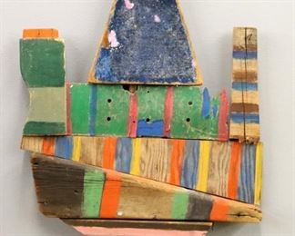 Lot 49: Betty Parsons, American, 1900-1982.  A mid 20th century abstract wooden assemblage, titled "Lost Temple".  Geometric wood forms with polychrome detail.  Faintly signed "Betty Parsons" and titled verso.  Some wear to wood, rust and some loose elements.   19 x  2 1/2 x 26" high overall.  ESTIMATE $4,000-6,000