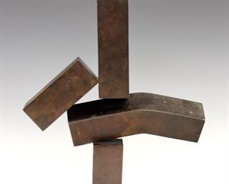 Lot 51: Clement Meadmore, American, 1929-2005.  A 1970's patinated Bronze abstract sculpture.  Signed "Meadmore", dated "'77" and numbered "5/10" at base.  Some surface wear and discoloration to patina.  10 3/4" high.  ESTIMATE $3,000-4,000