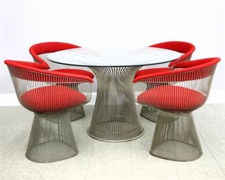 Lot 51A: A mid 20th century Warren Platner for Knoll five piece dining set.  Includes a 29" high dining table with 45" diameter circular glass top, and four 29" high chairs with removable upholstered cushions in Red.  Each on a cylindrical Steel rod base with shaped waist.  Minor surface wear and scratches, two chips up to 1/2" on glass edge, some staining to upholstery.  ESTIMATE $3,000-4,000