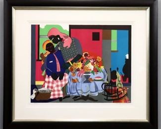 Lot 55: Romare Bearden, American, 1914-1988.  A 20th century colored lithograph on paper, titled "Morning (Carolina Morning)".  Signed "Romare Bearden" in pencil lower right with edition number "76/175" in lower left on "Somerset" watermarked paper, titled with "London Arts Copywrite 1979" stamp verso.  Minor wear to paper, minimal fading with some marks to margins, "Somerset" watermark partially sliced during original sheet cutting, small crease to bottom right corner.  Image 24 3/4 x 19 1/4" high, newly framed 38" x 32 1/2" high overall.  ESTIMATE $1,000-2,000