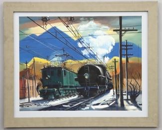 Lot 58: Edwin Fulwider, American, 1913-2003.  A mid 20th century oil illustration on board.  Depicts men working on trains in an industrial winter landscape.  Signed "Edwin Fulwider" lower left.  Minor wear.  Image 25 x 19 1/2" high, in a modern frame with slight wear, 31 x 25 1/2" high overall.  ESTIMATE $2,000-3,000