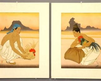 Lot 62: Paul Jacoulet, French, 1902-1960.  A pair mid 20th century woodblocks in color with Gold and Silver flecks, titled "Les Deux Adversaires (Gauche) Coree" and "Les Deux Adversaires (Droite) Coree".  Signed "Paul Jacoulet" in pencil lower right and left with "Arrow" seal in Red.  Unframed, some toning and slight foxing.  Each image 11 1/2 x 15" high overall.  ESTIMATE $800-1,200