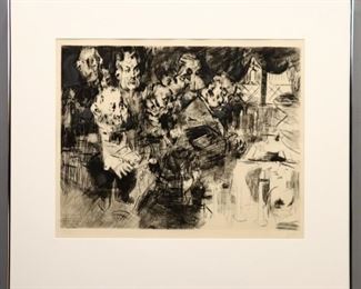 Lot 64: Jack Levine, American, 1915-2010.  A 1960's etching and drypoint on paper, titled "The Gangster's Funeral II".  Inspired by Levine's 1952-53 oil painting of the same title from the collection of the Whitney Museum of American Art, New York.  Signed "J. Levine" in pencil lower right with edition number "64/120" lower left, titled and dated "1968" with other handwritten notes regarding the artist and medium verso.  Minor wear and rippling, several areas of rubbing to interior of glass, not examined out of frame.  Image 25 1/4 x 19" high, framed 36 x 32 1/4" high overall.  ESTIMATE $800-1,200