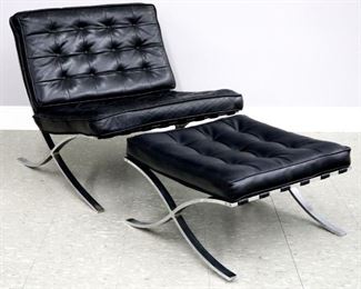 Lot 63: A 1960's Mies Van der Rohe for Knoll "Barcelona" chair and ottoman.  Chrome plated steel frames with Black original leather cushions.  Some wear and separation at seams of leather, some surface wear and oxidation to Chrome.  Chair is 29 x 32 x 29 1/4" high overall, ottoman is 25 x 23 x 16" high overall.  ESTIMATE $1,000-2,000