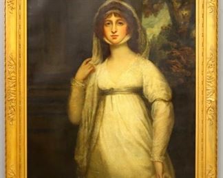 Lot 70: An early 19th century British portrait of "Grace, Wife of John Brideman-Simpson, Died 1839", annotated lower left.  Depicted 3/4 length standing before a neoclassical column with landscape in the distance.  Unsigned, canvas lined with overall craquelure and surface grunge, some touch-ups at border.  Image 37 x 47" high, in a 19th century Gesso frame with some losses, 46 x 57" high overall.  ESTIMATE $1,000-2,000