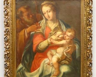 Lot 76: An 18th century Italian oil on canvas after Pietro Buonaccorsi (Perino del Vaga, Italian, 1501-1547).  Depicts the Holy family with Virgin Mary nursing Christ and Joseph at her shoulder holding cherries.  Unsigned, canvas lined, some craquelure, surface grunge and minor flakes and inpainting, 1/4" puncture lower right.  Image 24 1/2 x 29 1/2" high, in a 19th century Florentine style frame with minor losses and repairs, 33 1/2 x 38 1/2" high overall.  ESTIMATE $1,000-1,500