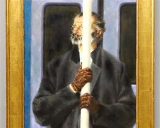 Lot 78: Joseph Hirsch, American, 1910-1981.  A mid 20th century oil on canvas, titled "The Monocle".  Depicts a well dressed man riding the subway.  Signed "Joseph Hirsch" lower left, gallery sales tag verso.  Minor wear.  Image 23 1/2 x 29 1/2" high, in a Gilt wood frame with some flakes, 30 3/4 x  37 1/4" high overall.  ESTIMATE $2,000-3,000