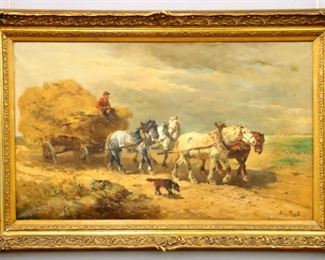 Lot 80: A large 19th century Dutch oil on canvas landscape.  Depicts a hay wagon drawn by four work horses with a village in the distance.  Signed indistinctly lower right, possibly "Huig V. Hrook".  Some craquelure and surface grunge, two surface scrapes up to 1/2" long center left, three taped repairs verso.  Image 58 x 35" high, in a 19th century Gesso frame with wear and minor damage, 71 x 47 3/4" high overall.  ESTIMATE $2,000-3,000