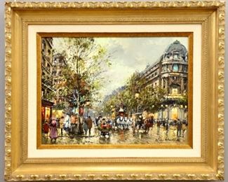 Lot 86: Antoine Blanchard, French, 1910-1988.  A 20th century oil on canvas, titled "Grands Boulevards & Theatre du Vaudeville a Paris".  Signed "Antoine Blanchard" lower right, additionally hand-signed and titled with artist stamp verso.  Minor wear.  Image 17 1/2 x 13" high, in a Gilt wood frame with small chip to corner, 25 1/2 x 20 3/4" high overall.  ESTIMATE $3,000-4,000   NOTE: Sold with a Certificate of Authenticity signed by Antoine Blanchard, stamped July 21st, 1974.
