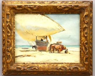 Lot 88:  Mathias Alten, American, 1871-1938.  An early 20th century oil on canvas lined board titled ''Valencia'', depicting a Sorolla style Spanish coastal scene with livestock beaching a sailboat.  Signed "M. Alten" and titled lower right.  Loose canvas is rippled with surface grunge and fine craquelure.  13 1/2 x 10" high, behind glass in period Gilt wood frame with some wear and losses, 17 1/4 x 14 1/4" high overall.  ESTIMATE $3,000-4,000