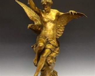 Lot 91: Emile Louis Picault, French, 1833-1915.  A Bronze figure, titled "Genie et Lumiere".  Depicts a nymph seated on a cloud with stars holding a torch aloft before an eagle with outstretched wings.  Incised  "E. Picault" signature on base with cast title on plinth.  Original Gilded finish with some surface wear.  22 x 14 x 29 1/4" high overall.  ESTIMATE $6,000-8,000