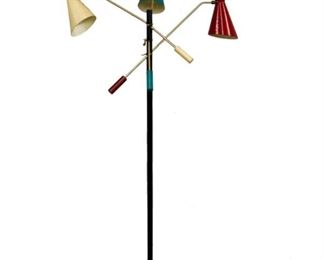 Lot 105: A mid 20th century Triennale floor lamp attributed to Gino Sarfatti for Arteluce, Italy.  Three adjustable brushed Brass arms with enameled Aluminum pierced conical form shades in Red, Green and Off-White on a painted Brass stem and cement filled base.  Stem with original sticker residue, some wear to paint and patina, pitting and losses to base, slight misshaping shades, wiring should be tested before use.  75" high.  ESTIMATE $800-1,200