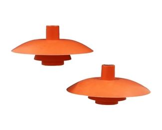 Lot 103: A pair of mid 20th century Poul Henningsen for Louis Poulsen, Denmark, model PH 4/3 hanging lights.  Enameled Aluminum shade in Red/Orange, both with two original "Louis Poulsen" stickers interior and original ceramic sockets.  Some scuffs and scratches to paint with minor losses to edges, wiring should be tested before use.  Each 16" diameter x 7" high plus drop.  ESTIMATE $600-800