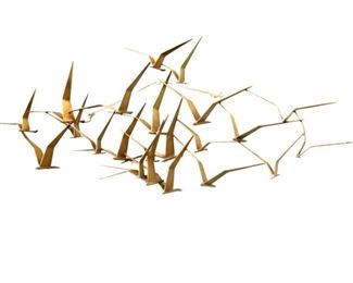 A mid 20th century Curtis Jere Artisan House early "Flock of Birds" wall sculpture.  Signed "C. Jere" and dated "1968" upper right.  Slight surface wear and discoloration to patina.  Approximately 57 x 21 1/2" high overall.  ESTIMATE $300-500