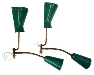 Lot 108: A pair of mid 20th century articulated two-light wall sconces, attributed to Stilnovo, Italy.  Enameled Aluminum pierced shades in Emerald Green with fixed and gooseneck Brass arms.  Some wear to paint, significant oxidation to patina, wiring should be tested before use.  Each 18" high, projects 18" from wall.  ESTIMATE $300-400