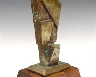 Lot 113: Stephen Walker, Australian, 1927-2014.  A 1970's Bronze Brutalist style sculpture, titled "Osiris".  Signed "Walker" at top of wooden base.  Minor surface wear and some discoloration to patina.  10" high.  ESTIMATE $200-400