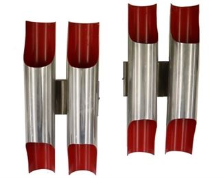 Lot 112: A pair of mid 20th century Bent Karlby for Lyfa, Denmark, wall sconces.  Enameled Aluminum tubular forms with polished exterior and Red interiors.  Some surface wear and minor losses to interior paint, wiring should be tested before use.  Each 7 1/2 x 5 x 16" high overall.  ESTIMATE $300-400