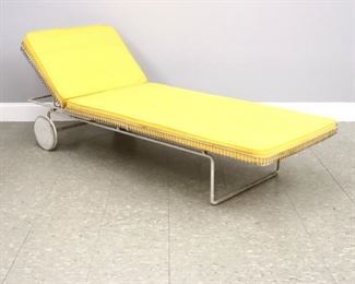 Lot 115:  A mid 20th century Richard Shultz for Knoll outdoor chaise lounge, Model 715.  White Steel wire basket frame with adjustable back, two wheels, and original upholstered cushions in Yellow.  Significant wear and exposure to cushions, some rust throughout frame, adjusting arm detached.  77 x 29 x 16" high overall.  ESTIMATE $300-500