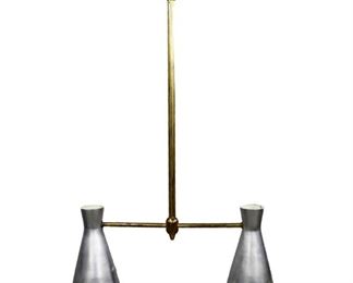 Lot 116: A mid 20th century Stilno style hanging lamp.  Brushed Brass tubular drop with two conical form brushed Aluminum shades and painted yellow ceiling mount.  Some surface wear, oxidation and dent to one shade, wiring should be tested before use.  35" high.  ESTIMATE $300-400
