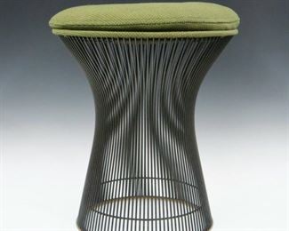 Lot 118: A mid 20th century Warren Platner for Knoll stool.  Removable upholstered Velcro seat in Olive Green on cylindrical Steel rod base with shaped waist.  "Knoll" label beneath removable cushion.  Minor wear to upholstery and base.  17" diameter x 20" high overall.  ESTIMATE $200-400