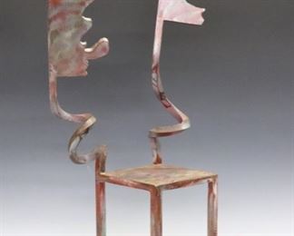 Lot 122: Gary Kulak, American, b. 1952.  A 1980's Steel stylized chair sculpture.  Signed "Gary Kulak" and dated "1987" at underside of chair.  Minor surface wear, slight loss to paint at edges.  Approximately 11 1/2 x 10 1/2 x 24 1/2" high overall.  ESTIMATE $200-400