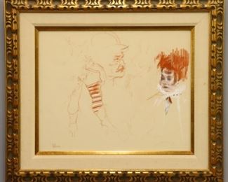 Lot 125: Jack Levine, American, 1915-2010.  A mid 20th century pastel drawing on paper, titled "Threepenny Opera (Dreigroschenfilm)".  Signed "J. Levine" lower left, gallery tag verso.  Very minor wear and rippling, not examined out of frame.  Image 19 1/2 x 15 1/2" high, framed 28 x 24" high overall.  ESTIMATE $200-300