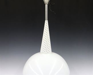 Lot 126: A mid 20th century Mathieu Mategot for Holophane, France, hanging light.  Enameled Aluminum pierced conical drop in White with a bowl form Holophane glass shade.  Etched "Made in France" on shade, "3400-8 Holophane".  Minor wear to paint, slight surface wear to shade, wiring should be tested before use.  16" diameter x 23" high overall.  ESTIMATE $200-300