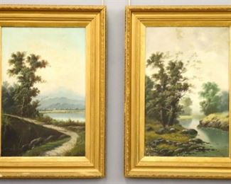 Lot 135: A pair of 19th century Scottish oil on canvas landscapes.  Both depict trees along a river edge, one with small village in the distance.  Faintly signed "G. Mardsen" (n.d.) lower left of mountain scene.  Both with some craquelure, surface grunge, and slight paint loss.  Each image 18 3/4 x 29" high, in 19th century Gesso frames with some wear, 28 1/4 x 39" high overall.  ESTIMATE $600-800