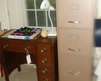 file cabinet, small kneehole desk, desk lamp