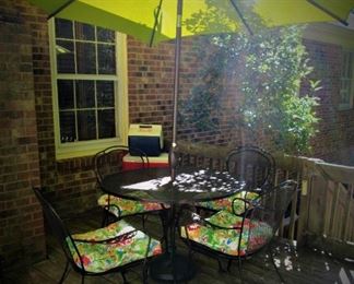 Wrought Iron Table, Chairs & Umbrella
