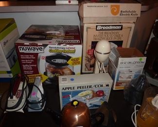 Miscellaneous applicances- juicer, Nuwave, Old time shake blender, apple core, irons, coffee grinder, coffee pots