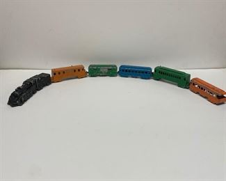 Vintage diecast train engine and cars by Midgetoy of Rockford, Illinois 