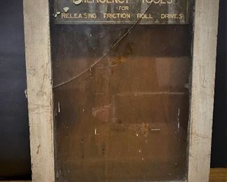Early 1900s Emergency Tools for Releasing Friction Roll Drives wall mounted cabinet