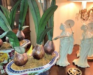 Artificial plants and planter; Asian figurines