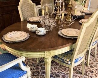 Provincial dining table with 2 (blue fabric) host  chairs and 4 other chairs