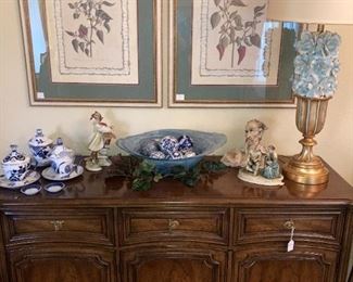 Server; framed botanicals; one of two ornate lamps