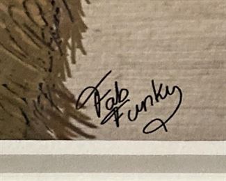 Fab Funky creates digital art of animals and vintage signs, fusing quirky imagery with book pages as backgrounds.