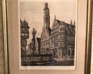 Another framed lithograph  by Ernst Geissendorfer "A twentieth century German painter and etcher, Ernst Geissendorfer studied art techniques in Nuremberg. In the decade of the 1930's he travelled and worked extensively, both in Europe and the United States. At the end of the Second World War (1945), Geissendorfer returned to live in Rothenburg and assumed control of the family art gallery there.