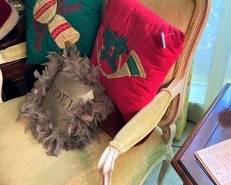 Vintage Provincial chair; more Christmas pillows