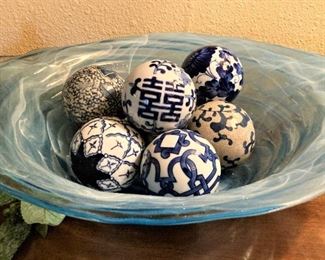 Hand blown bowl; decorative balls