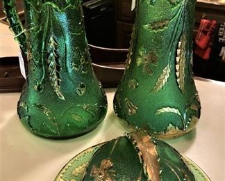 Lovely green and gold Delaware Glass from 1898 - pitcher, vase, covered butter dish