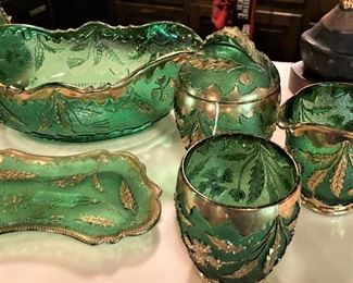 Lovely green and gold Delaware Glass from 1898 -  banana/berry boat, sugar & creamer, dresser/pin tray spooner