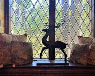 Hunt scene decorative pillows; deer candleholder 