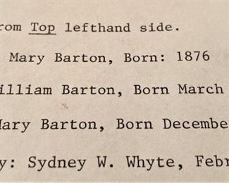 Lovely framed art by Sidney W. White (Sydney W. Whyte)  (Feb. 1907) Family members pictured: Florence Mary Barton, Tomas William Barton, Barbara Mary Barton